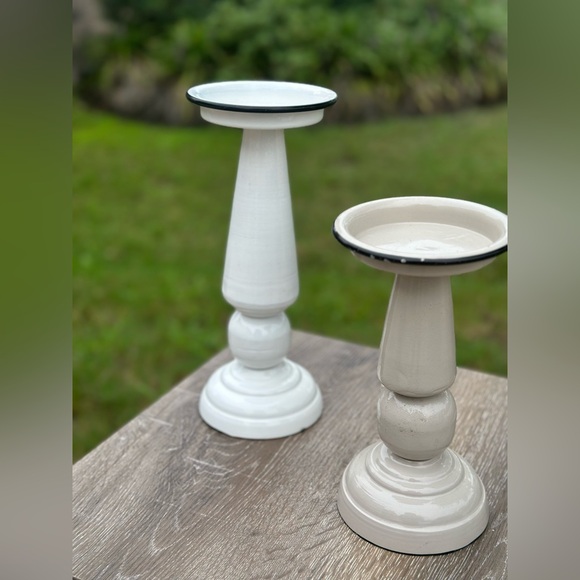 White Enamel Pillar 2 pc Candle Holders with Black Trim - Picture 3 of 8